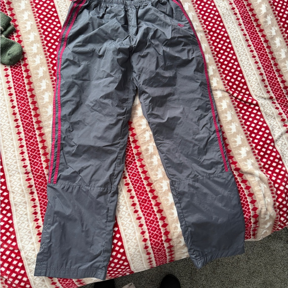 Adidas dark gray and maroon striped Large windbreaker pants